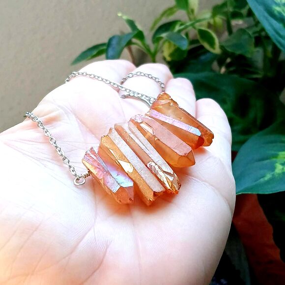 Dyed Orange Aura Quartz Crystal Point Necklace, Stainless Boho Statement 18" - Picture 6 of 7